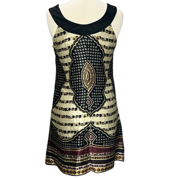 Anthro Nell Couture Y2K Dress 0 XS Black Cream Silk Dashiki Floral Boho Chic - Picture 3 of 12